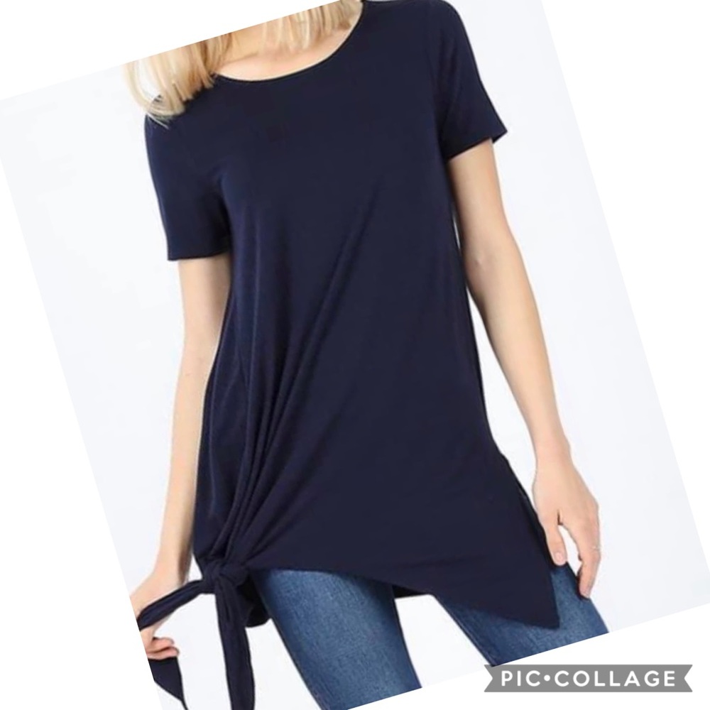 Navy T Shirt w/ one side knotted bottom
